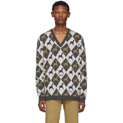 Shop Gucci Beige And Grey Horse Jacquard Knit Sweater In 1097 Grey