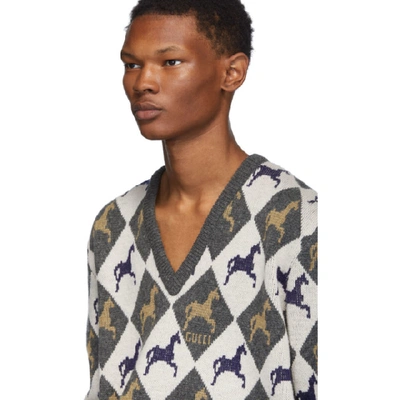 Shop Gucci Beige And Grey Horse Jacquard Knit Sweater In 1097 Grey