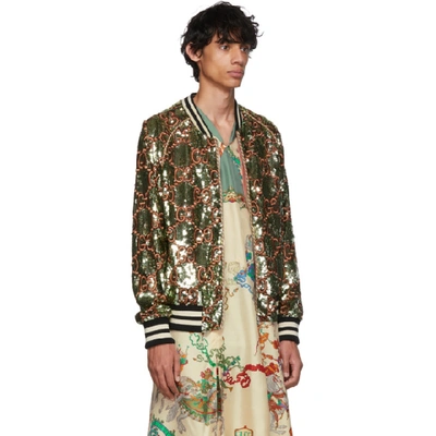 Shop Gucci Green Gg Sequin Bomber Jacket In 3287 Green
