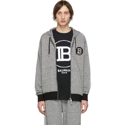 Shop Balmain Black And White Prince Of Wales Hoodie In Yad Gris/bl