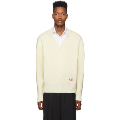 Shop Ami Alexandre Mattiussi Off-white Oversized V-neck Sweater In Ecru