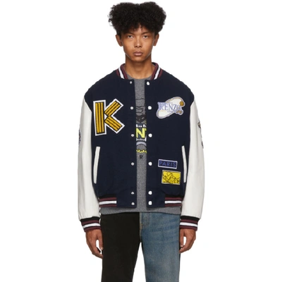 Shop Kenzo Navy & Off-white Varsity 'tiger Mountain' Jacket