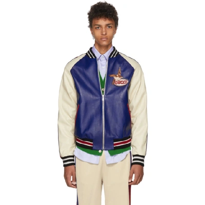 Shop Gucci Blue And Beige Leather Bomber Jacket In 4876 Cobalt