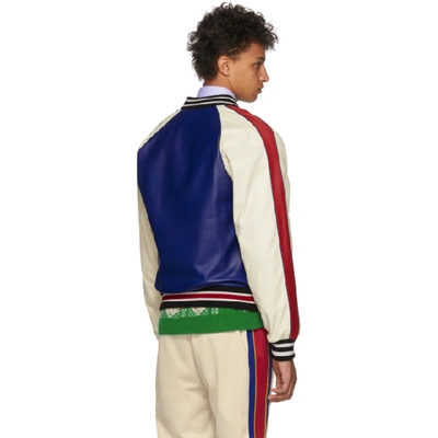 Shop Gucci Blue And Beige Leather Bomber Jacket In 4876 Cobalt