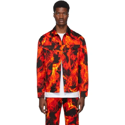 Shop Msgm Black And Red Denim Flame Print Jacket