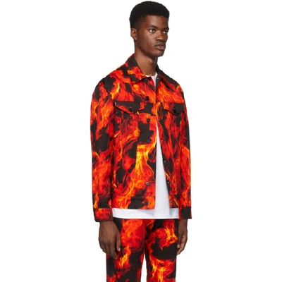 Shop Msgm Black And Red Denim Flame Print Jacket