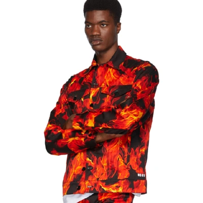 Shop Msgm Black And Red Denim Flame Print Jacket