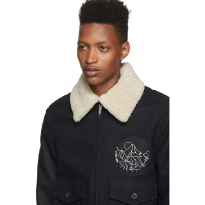 Shop Kenzo Navy Melange Shearling Collar Blouson Jacket
