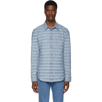 Shop Balmain Blue Logo Stripe Denim Shirt In 6aa Bleu