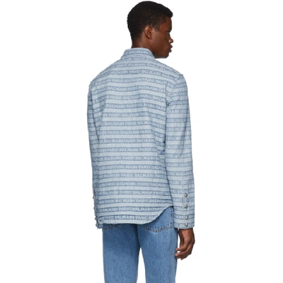 Shop Balmain Blue Logo Stripe Denim Shirt In 6aa Bleu