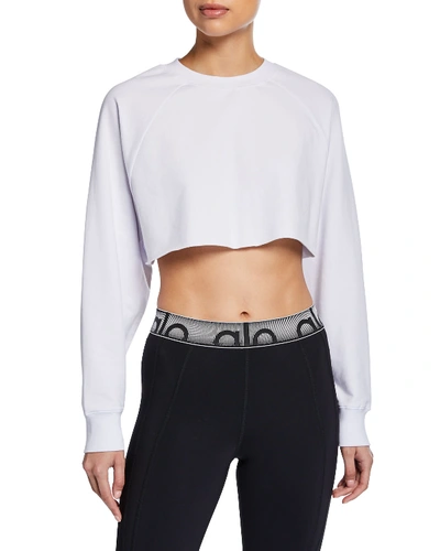 Shop Alo Yoga Double Take Raglan-sleeve Cropped Sweatshirt In White
