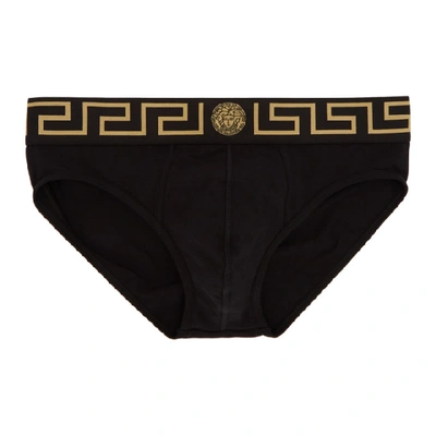 Shop Versace Underwear Black And Gold Greek Briefs In A80g Blk/gl