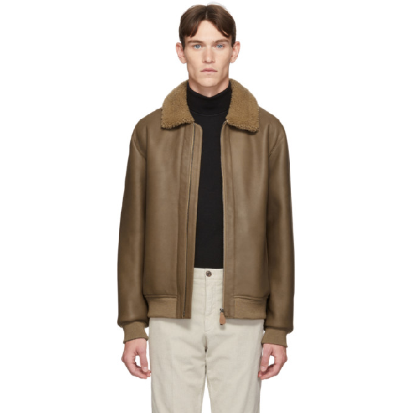 Z Zegna Tan Shearling Bomber Jacket In Nt4 Tan Modesens