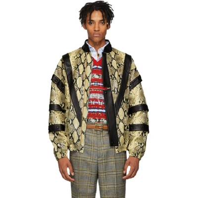 Shop Gucci Yellow And Black Faux-python Bomber Jacket In 7260 Natura