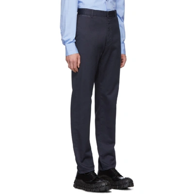 Shop Prada Navy Drill Stretch Trousers