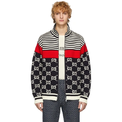 Shop Gucci Navy & Off-white Knit Gg Stripe Zip-up Jacket In 4548inkmlt
