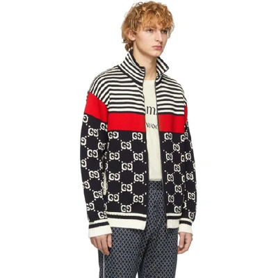 Shop Gucci Navy & Off-white Knit Gg Stripe Zip-up Jacket In 4548inkmlt