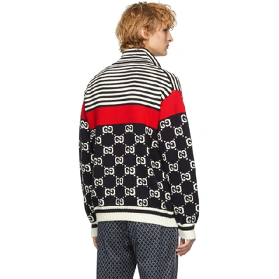 Shop Gucci Navy & Off-white Knit Gg Stripe Zip-up Jacket In 4548inkmlt