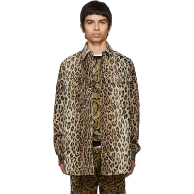 Shop Versace Beige Cheetah Stud Shirt Jacket