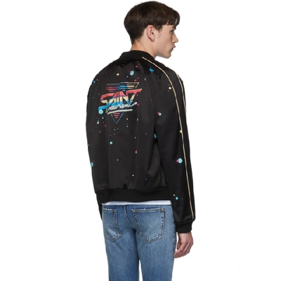 Shop Saint Laurent Black & Multicolor Logo Teddy Bomber Jacket