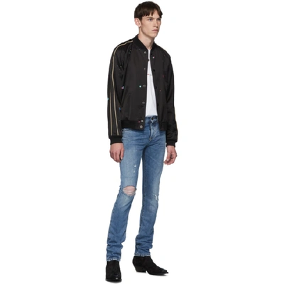 Shop Saint Laurent Black & Multicolor Logo Teddy Bomber Jacket