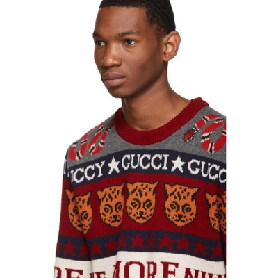Shop Gucci Red And White Wool Jacquard Symbols Sweater In 6064whtmult