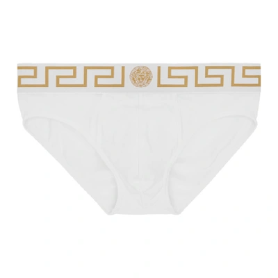 Shop Versace Underwear White And Gold Greek Briefs In A81h Wht/gl