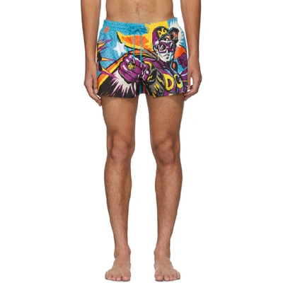 Shop Dolce & Gabbana Multicolor Superhero King Swim Shorts In Light Blue