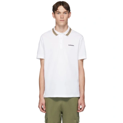 Shop Burberry White Icon Stripe Johnston Polo