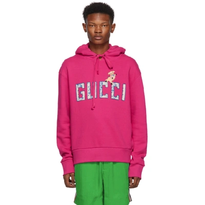Shop Gucci Pink And Multicolor Logo Hoodie In 5110 Fuschi