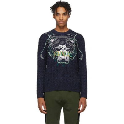 Shop Kenzo Navy Embroidery Claw Tiger Sweater