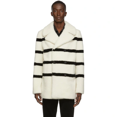 Shop Saint Laurent White Shearling Double-breasted Jacket In 9411 Ecrblk