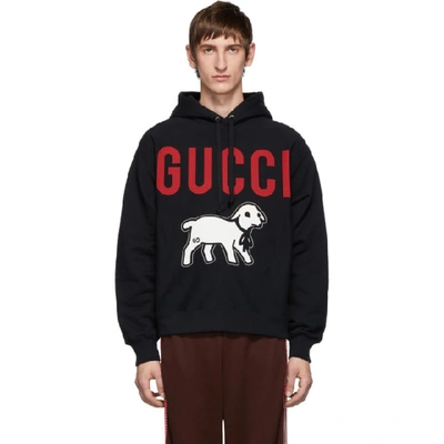 Shop Gucci Black Oversized Lamb Hoodie In Black/multicolor