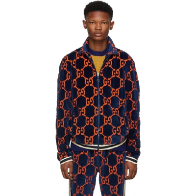 Gucci Gg Chenille Cotton Blend Track Jacket In Navy | ModeSens