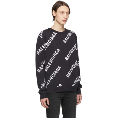 Shop Balenciaga Navy & White Jacquard Logo Sweater In 4170 Nvywht