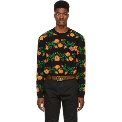 Gucci Flower Print Wool Sweater In Black | ModeSens