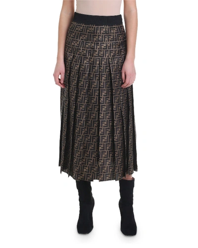 Shop Fendi Pleated Logo Midi Skirt In Brown Pattern