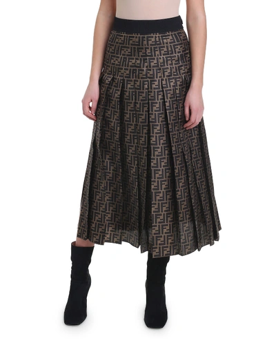Shop Fendi Pleated Logo Midi Skirt In Brown Pattern