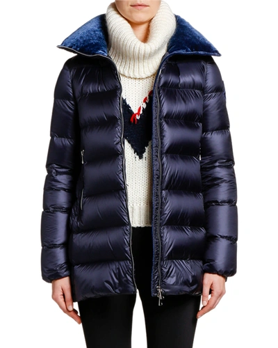 Shop Moncler Torcon Contrast-collar Puffer Coat In Navy