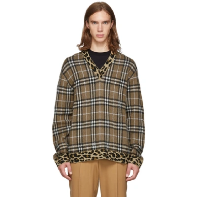 Shop Burberry Brown Knit Check Leopard V-neck Sweater In Warm Walnut