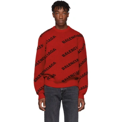 Shop Balenciaga Red And Black Wool All Over Logo Sweater In 6167red/bl