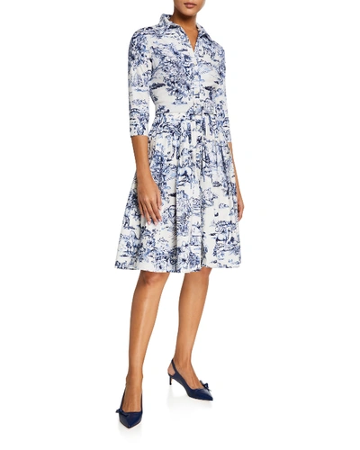 Shop Samantha Sung Audrey Da Vinci Toile Stretch Cotton Belted Dress In White/blue