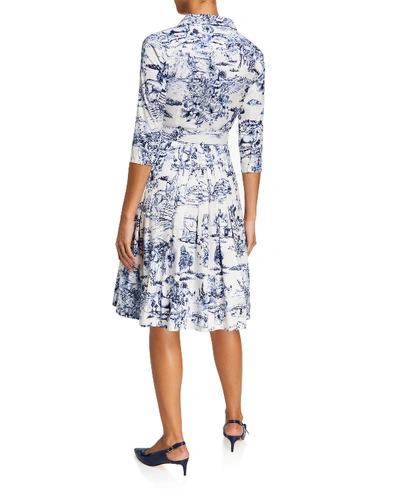 Shop Samantha Sung Audrey Da Vinci Toile Stretch Cotton Belted Dress In White/blue