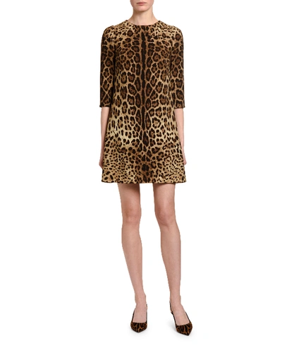 Shop Dolce & Gabbana Leopard-print Crepe 3/4-sleeve Dress