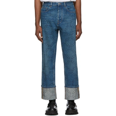 Shop Valentino Blue Grid Logo Cuffed Jeans