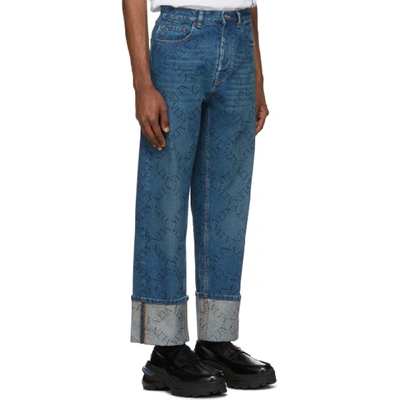 Shop Valentino Blue Grid Logo Cuffed Jeans