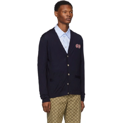 Shop Gucci Navy Thin Knit Gg Cardigan In 4440 Blue