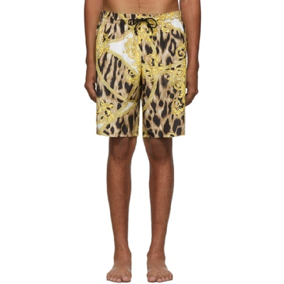 Shop Versace Underwear White And Gold Animal Swim Shorts In A771 Wht/gl