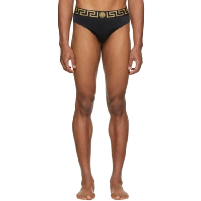Shop Versace Underwear Black Greek Key Border Swim Briefs In A80g Black