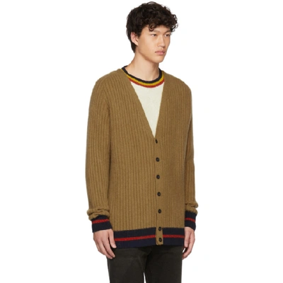 Shop The Elder Statesman Tan And Navy Striped Cardigan In Caramel